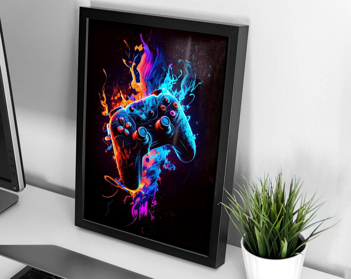 Neon Fire And Water Game Controller Splash Colorful Gaming Art Poster