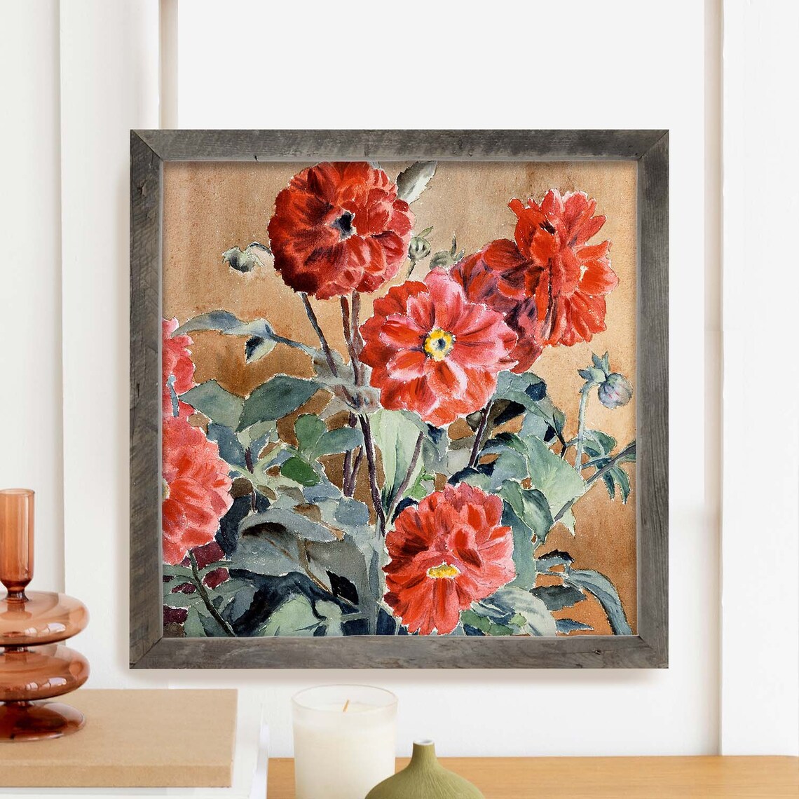 Red Mums Watercolor Botanical Wall Art Poster - Image 3