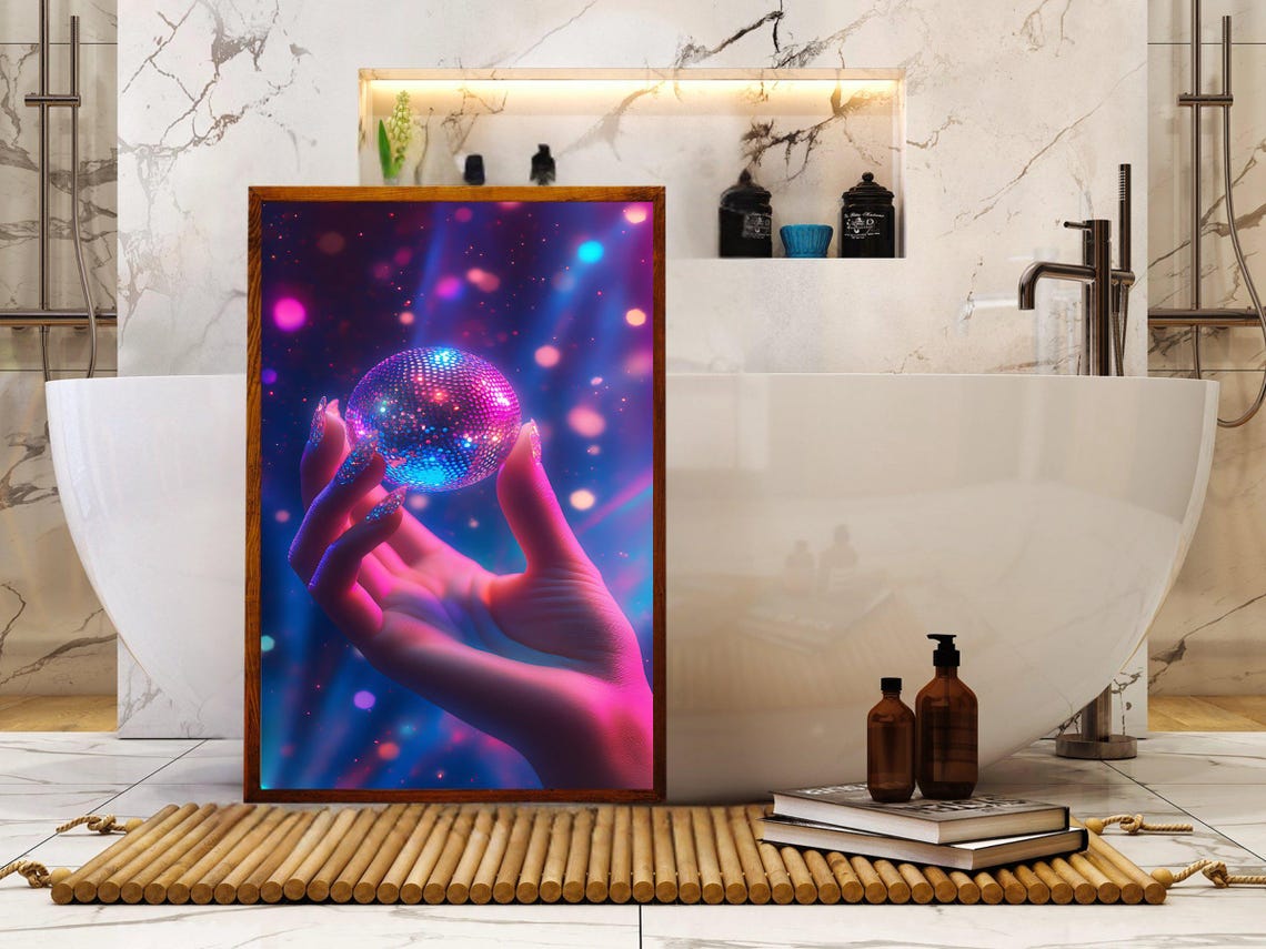 Hand Holding Glowing Disco Ball Under Neon Purple Party Lights Poster - Image 2