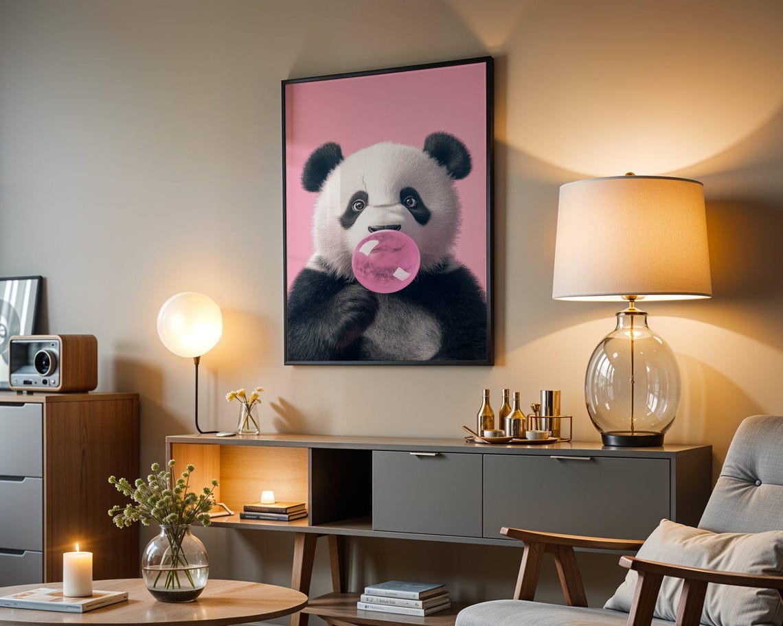 Panda Cub Blowing Pink Bubblegum Bubble Close-Up Cute Poster - Image 3