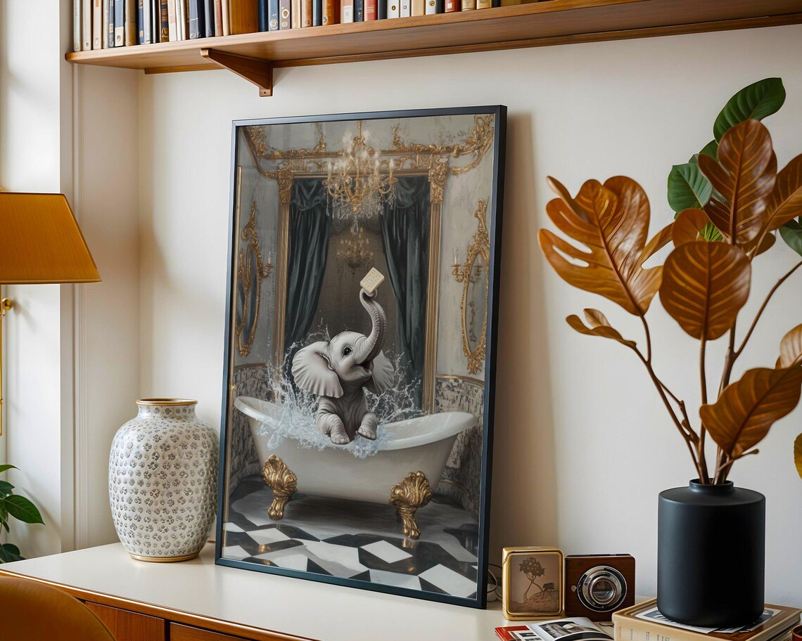Baby Elephant Splashing in an Ornate Gold Clawfoot Tub Poster - Image 4
