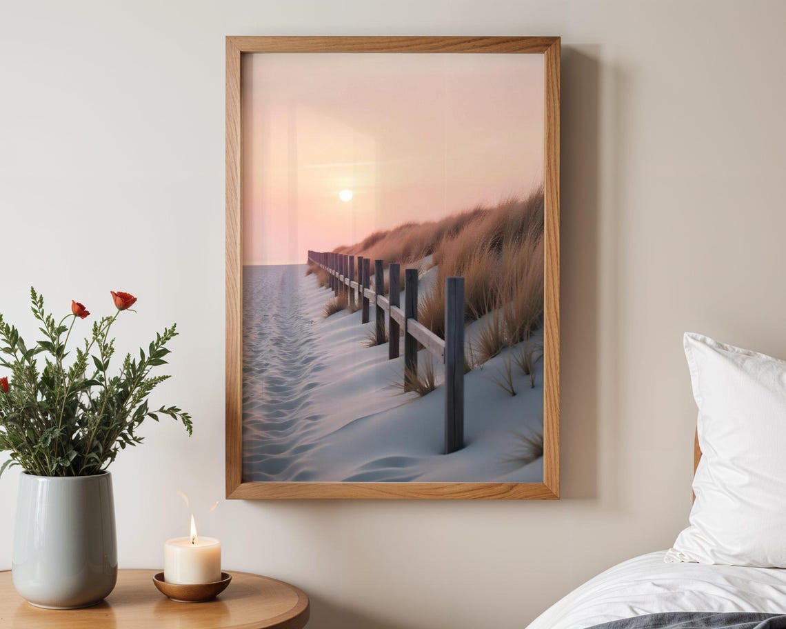 Sand Dune Fence With Grasses Under Soft Pastel Sunset Poster