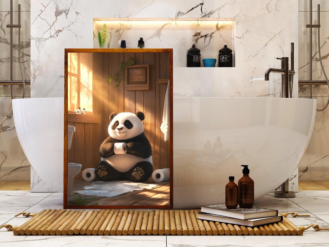 Smiling Panda Sitting on the Bathroom Floor Hugging Toilet Paper Poster - Image 5