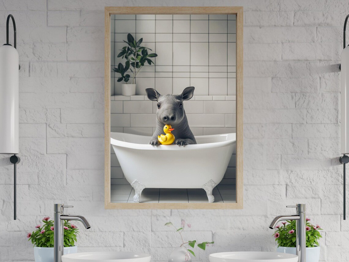 Baby Rhino in Bathtub With Yellow Rubber Duck Funny Art Poster