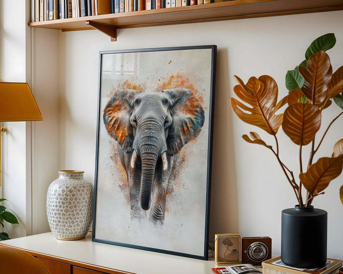 Majestic Elephant Watercolor Portrait With Warm Orange Splash Poster - Image 2