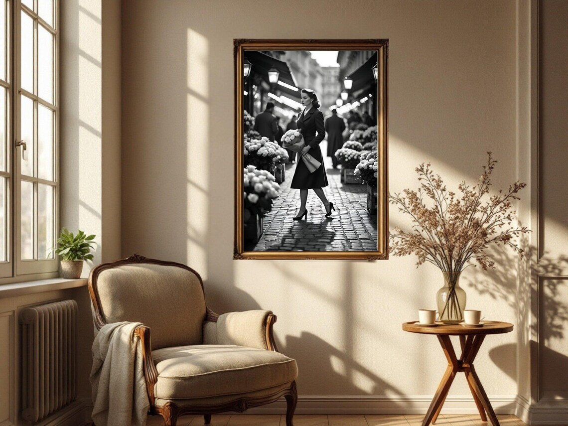 Elegant Woman With Bouquet In A Cobblestone Flower Market Poster - Image 2