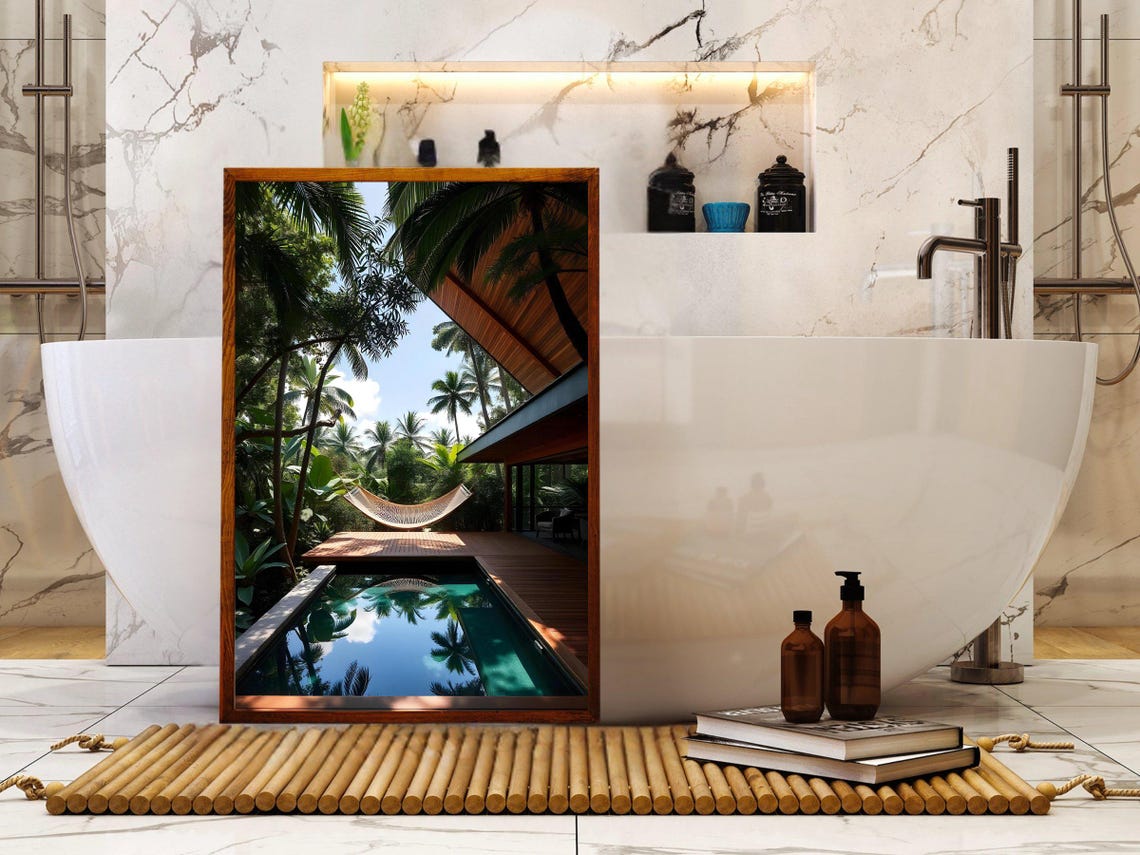 Tropical Villa Pool with Hammock Under Palm Trees in Paradise Poster - Image 4