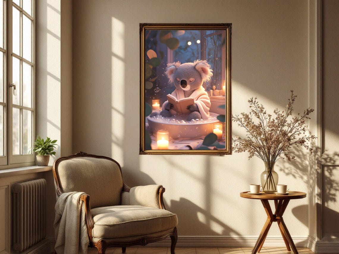 Cozy Koala Reading a Book in a Candlelit Evening Bubble Bath Poster - Image 4