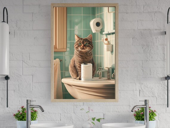 Tabby Cat Sitting by the Sink in a Mint Tiled Bathroom Poster