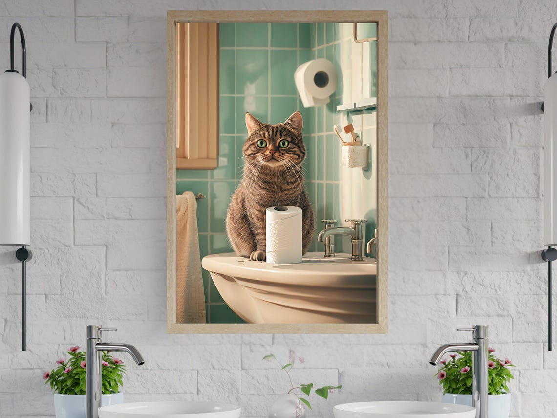 Tabby Cat Sitting by the Sink in a Mint Tiled Bathroom Poster