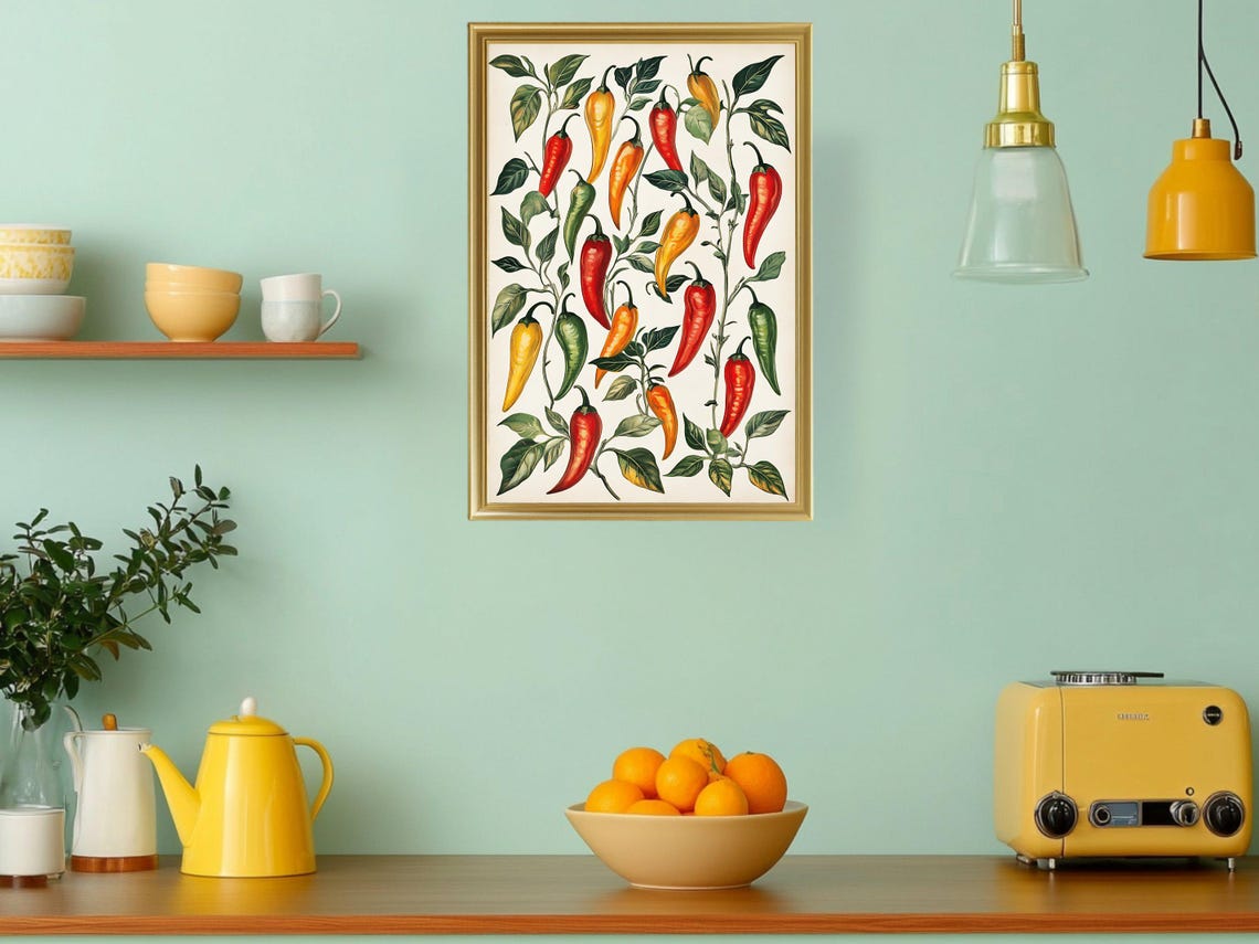 Chili Peppers Botanical Colorful Spicy Kitchen Decor Art Poster - Image 3