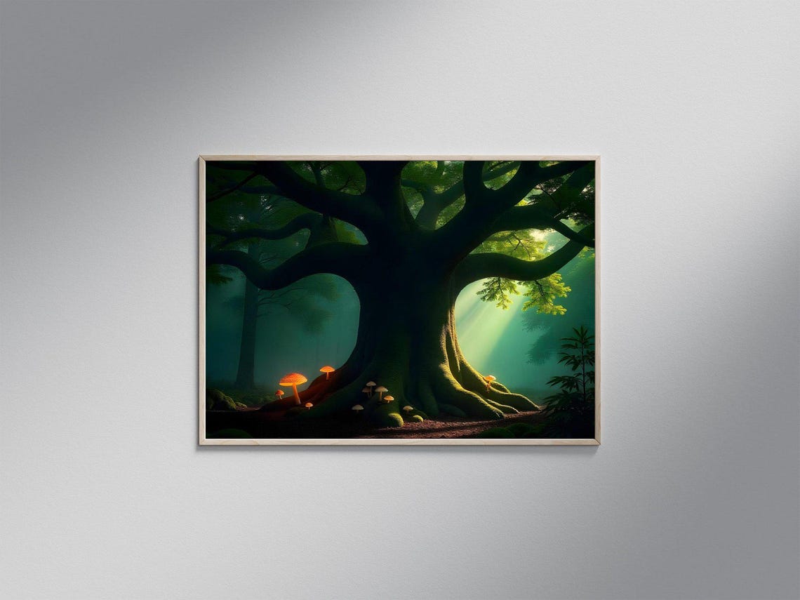Ancient Giant Tree With Glowing Orange Mushrooms Forest Poster
