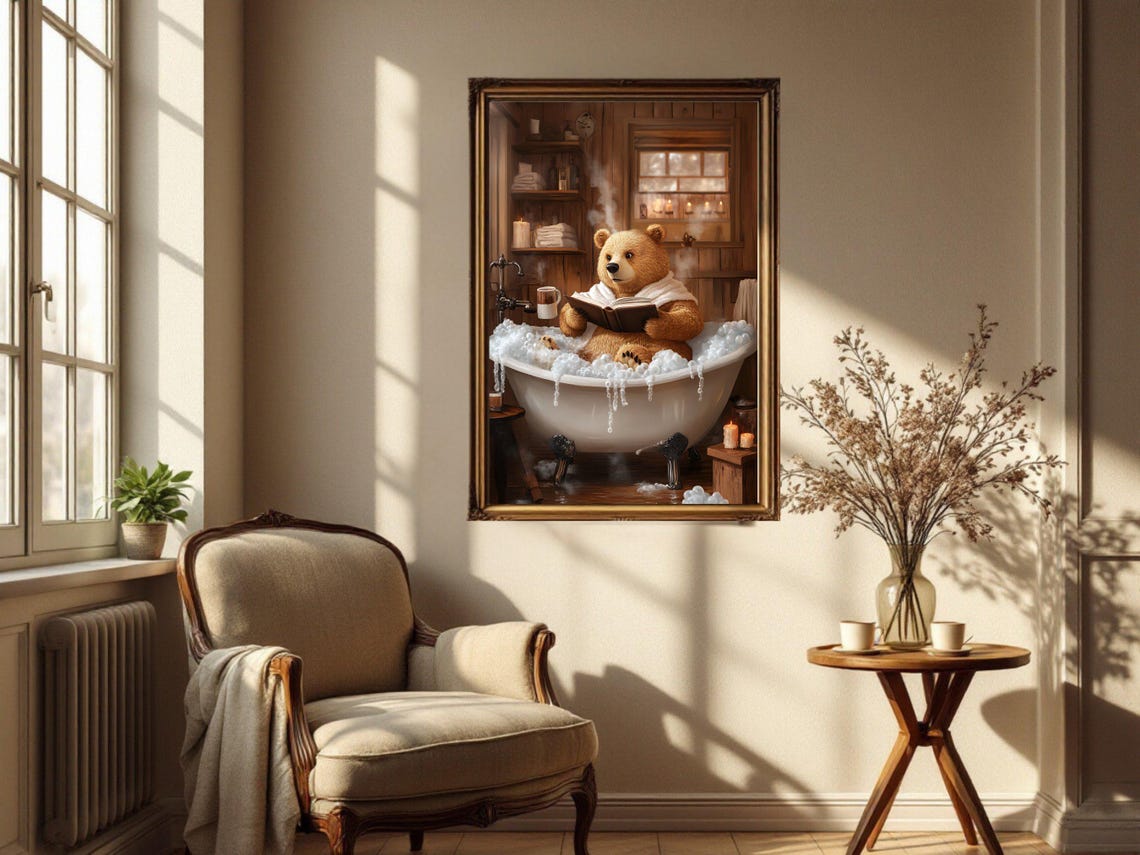 Brown Bear Reading in a Rustic Cabin Bubble Bath With Candles Poster - Image 4