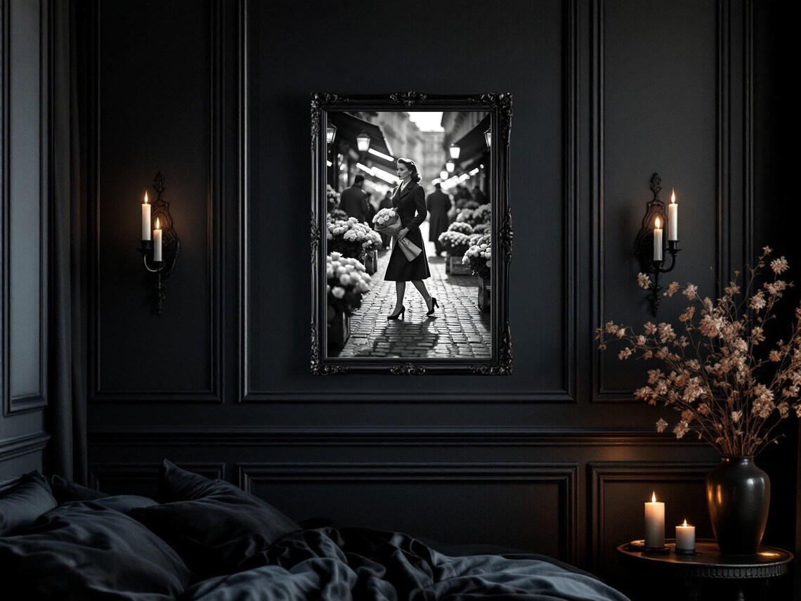 Elegant Woman With Bouquet In A Cobblestone Flower Market Poster - Image 3