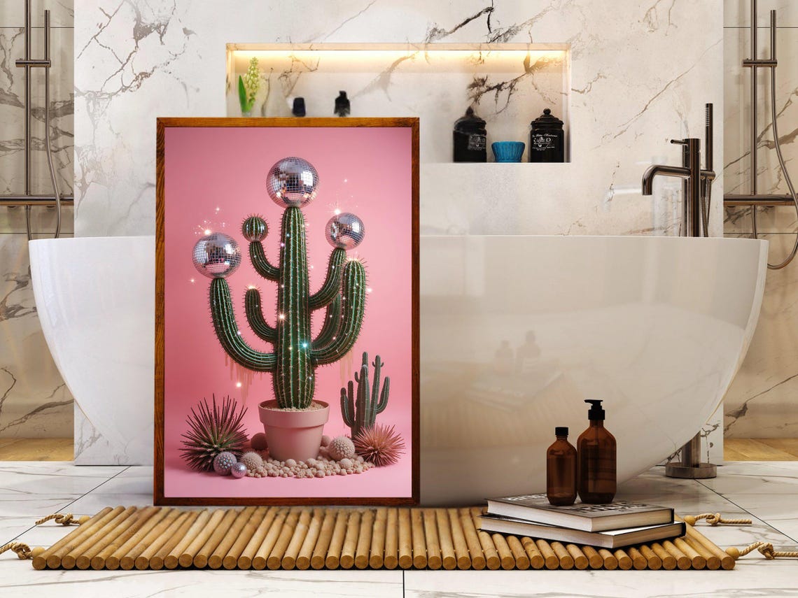 Potted Saguaro Cactus With Disco Ball Toppers Pink Plant Poster - Image 2