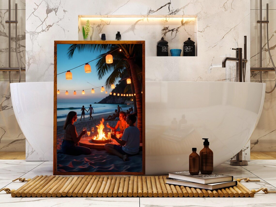 Coastal Beach Night Art Print, Romantic Firepit Scene - Image 2