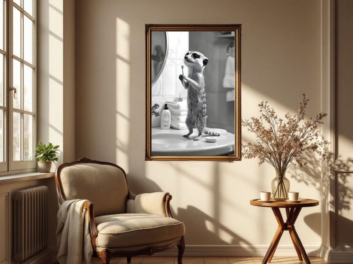 Cute Meerkat Brushing Its Teeth While Standing on the Sink Poster - Image 3