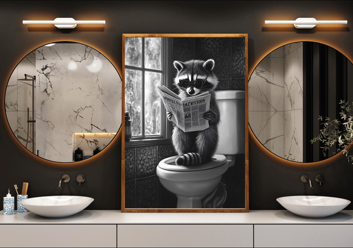 Raccoon Reading the Newspaper on the Toilet Funny Bathroom Poster - Image 3