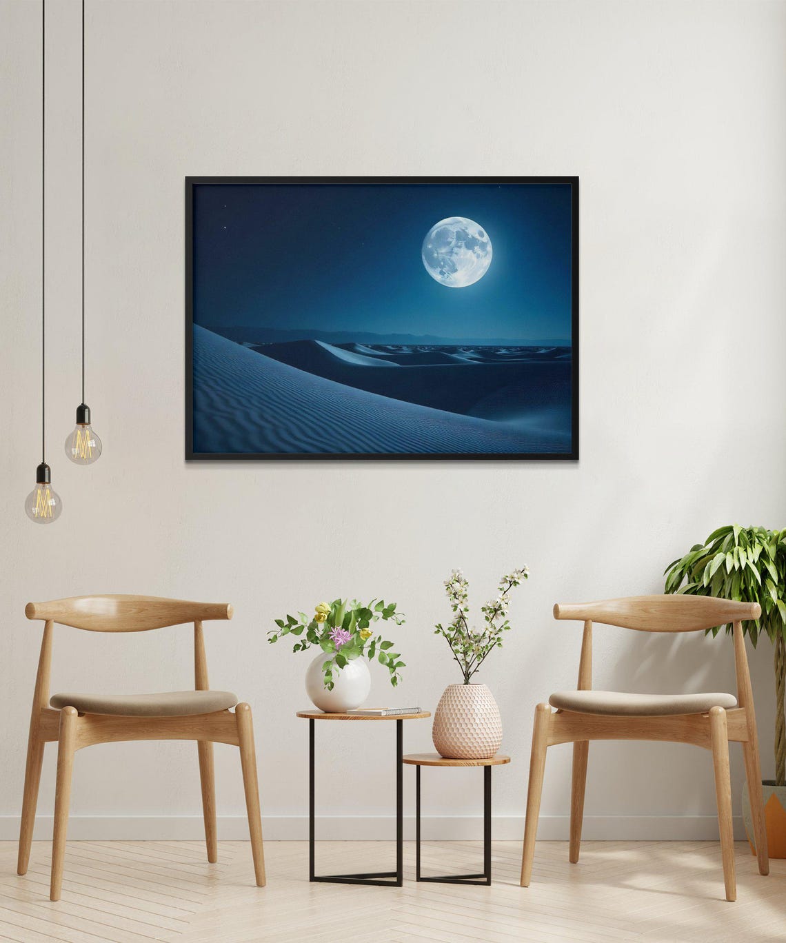 Full Moon Rising Over Rippled Blue Desert Dunes in the Night Poster - Image 2