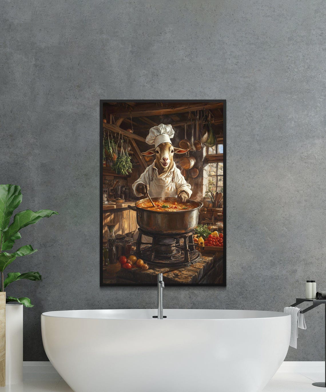 Goat Chef Stirring Steaming Stew Pot in Rustic Kitchen Poster - Image 2