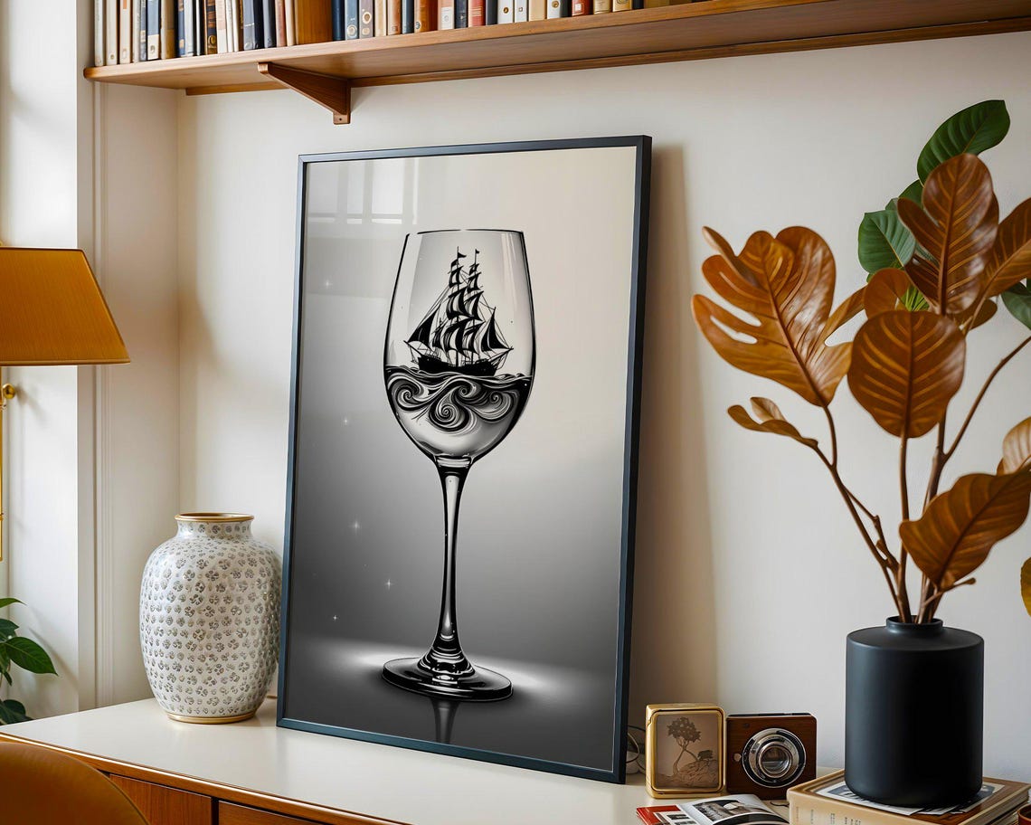 Nautical Wine Glass Wall Art Sailboat In Wine Glass Art Print Black And White Nautical Decor Ocean Sailing Artwork - Image 2