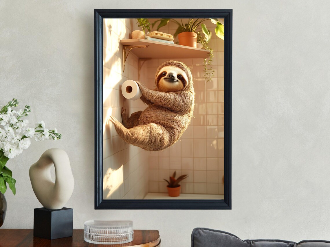 Lazy Sloth Hanging on the Bathroom Wall Holding Toilet Paper Poster - Image 2