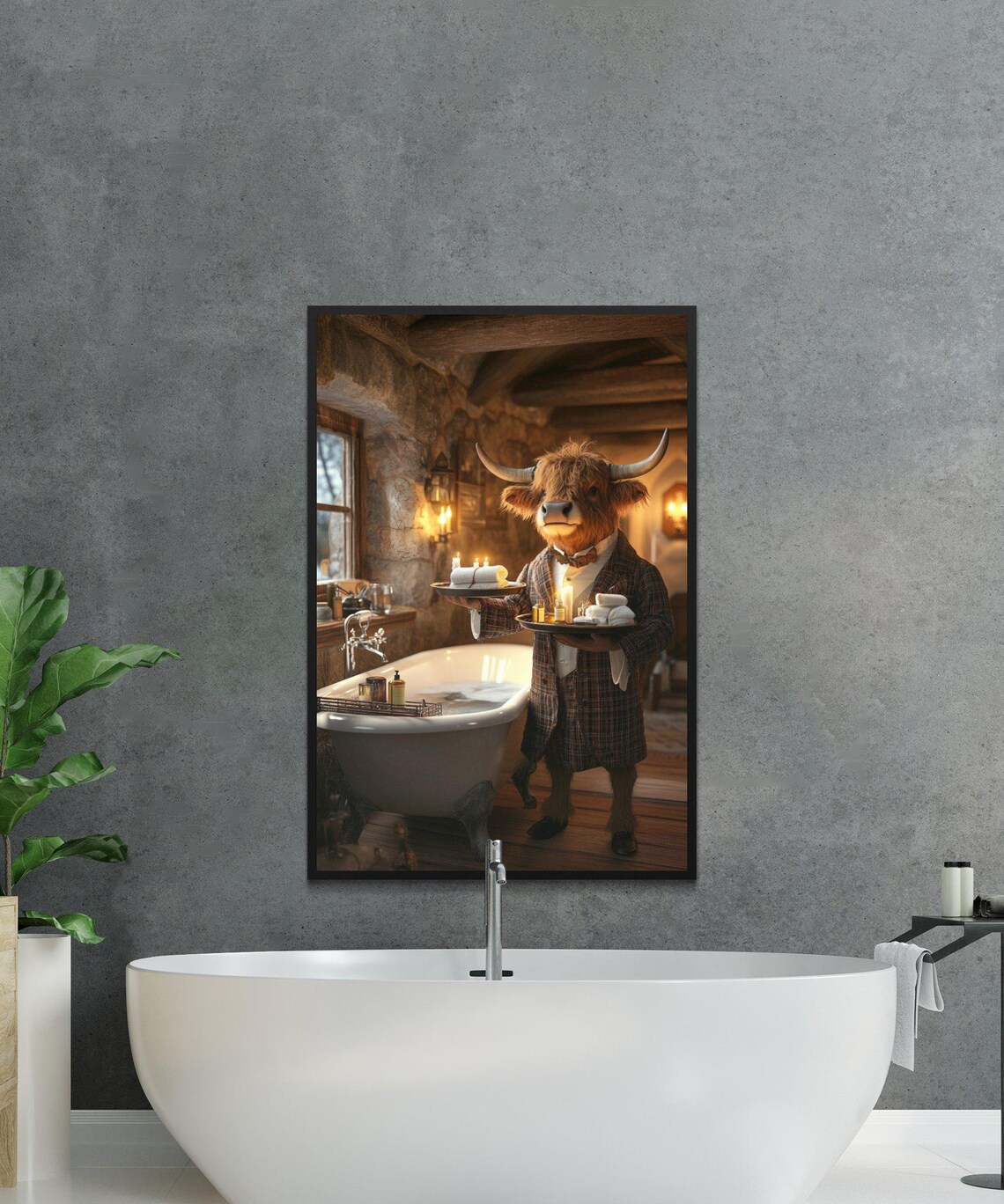 Highland Cow Butler in a Plaid Suit Serving Towels Bath Poster - Image 2