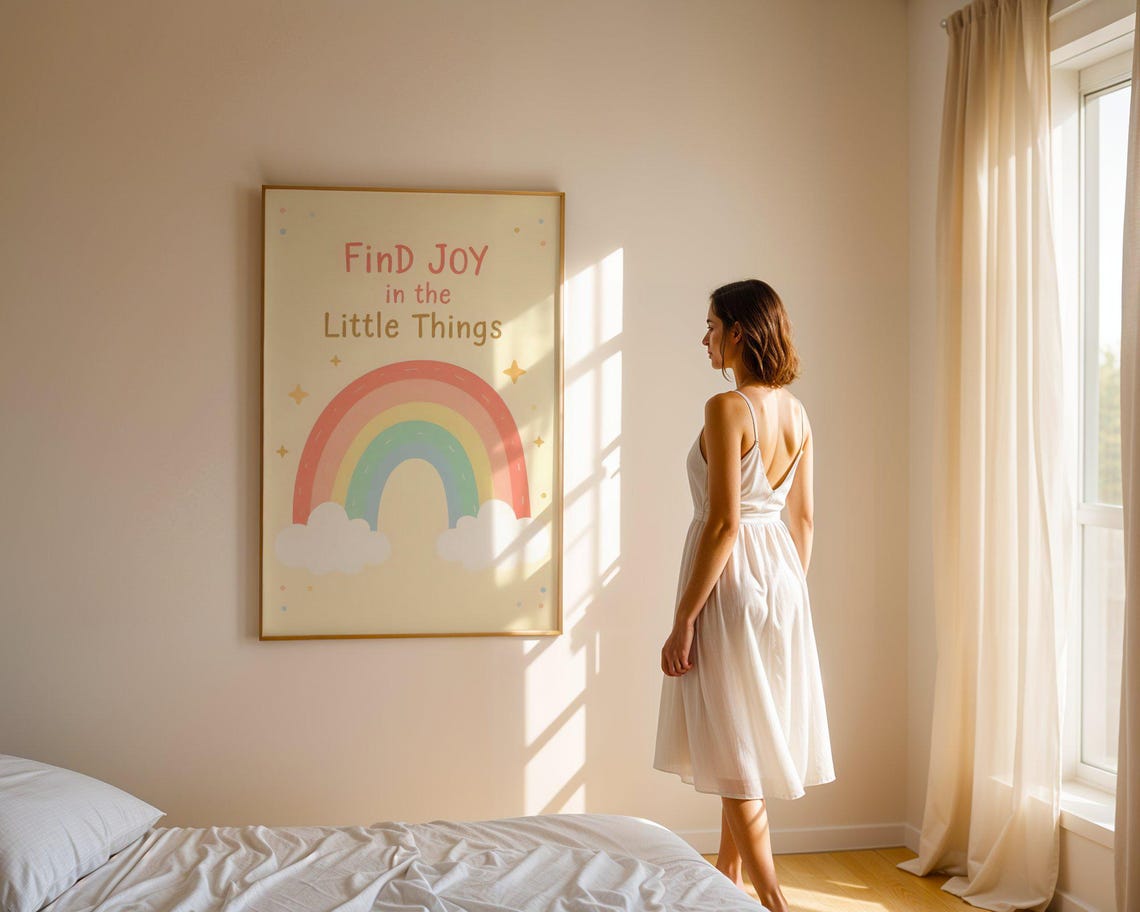 FinD Joy in the Little Things Rainbow Clouds Kids Quote Poster - Image 4