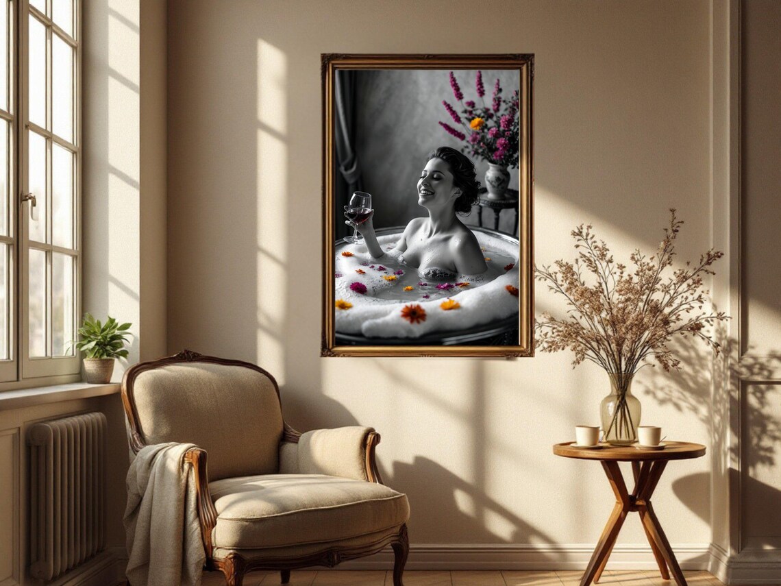 Woman in a Bubble Bath With Wine and Colorful Flowers Poster - Image 2