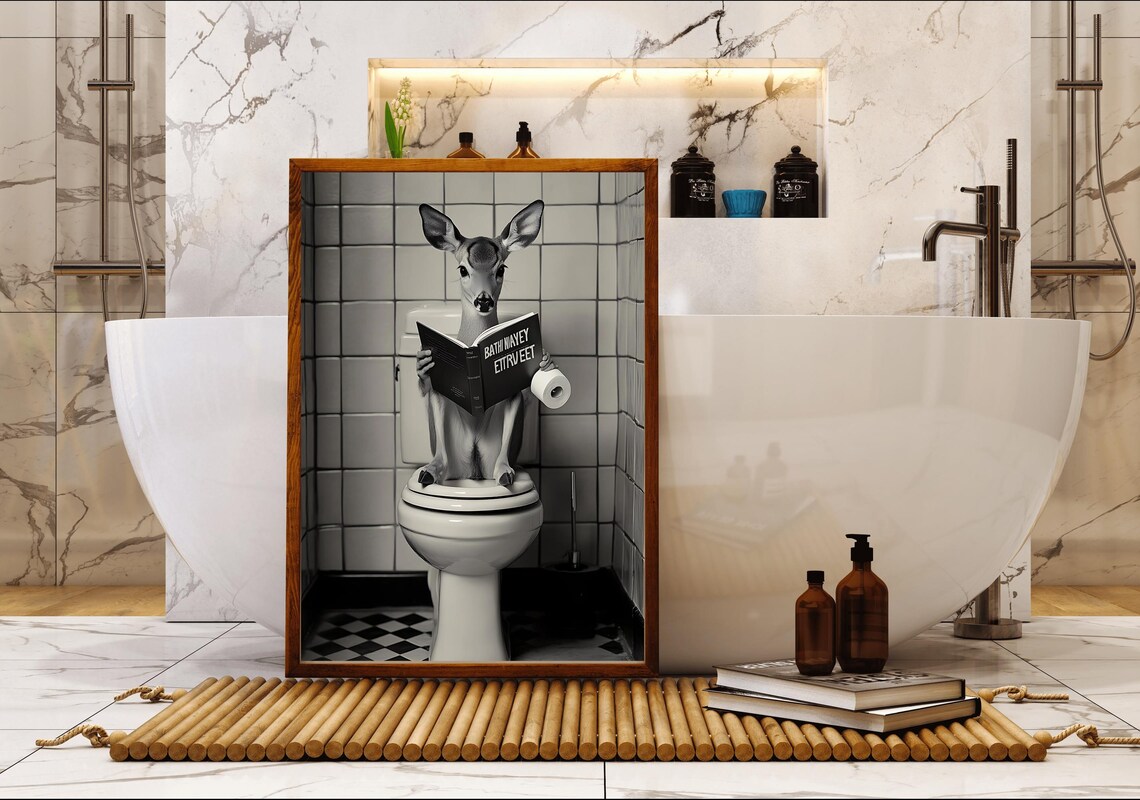 Raccoon with Towel Turban Reading the Newspaper on the Toilet Poster - Image 5