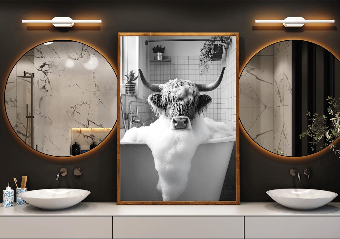Highland Cow Soaking in a Bubble Bath Black and White Farmhouse Poster - Image 3