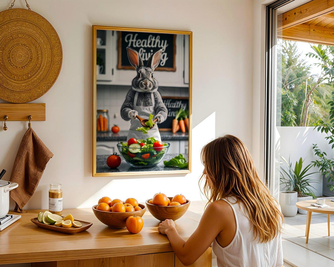 Rabbit Chef Tossing Fresh Salad Funny Animal Kitchen Wall Art - Image 5