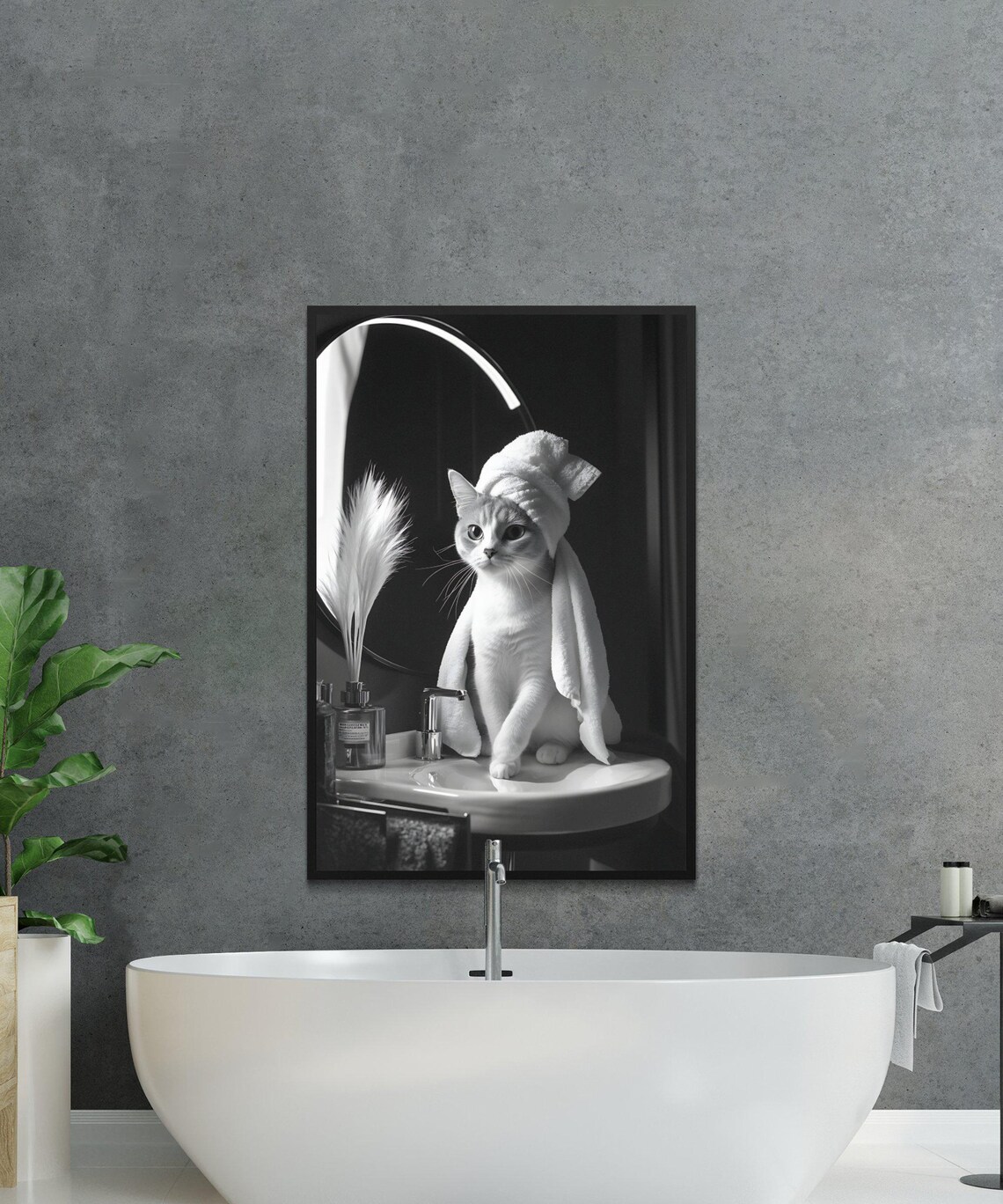 Cat With Towel Turban Sitting On Sink Black And White Animal Poster - Image 2