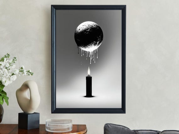 Surreal Moon And Candle Art Black And White Wall Art Dripping Moon Print Unique Lunar Art Modern Home Decor Abstract Moon Poster