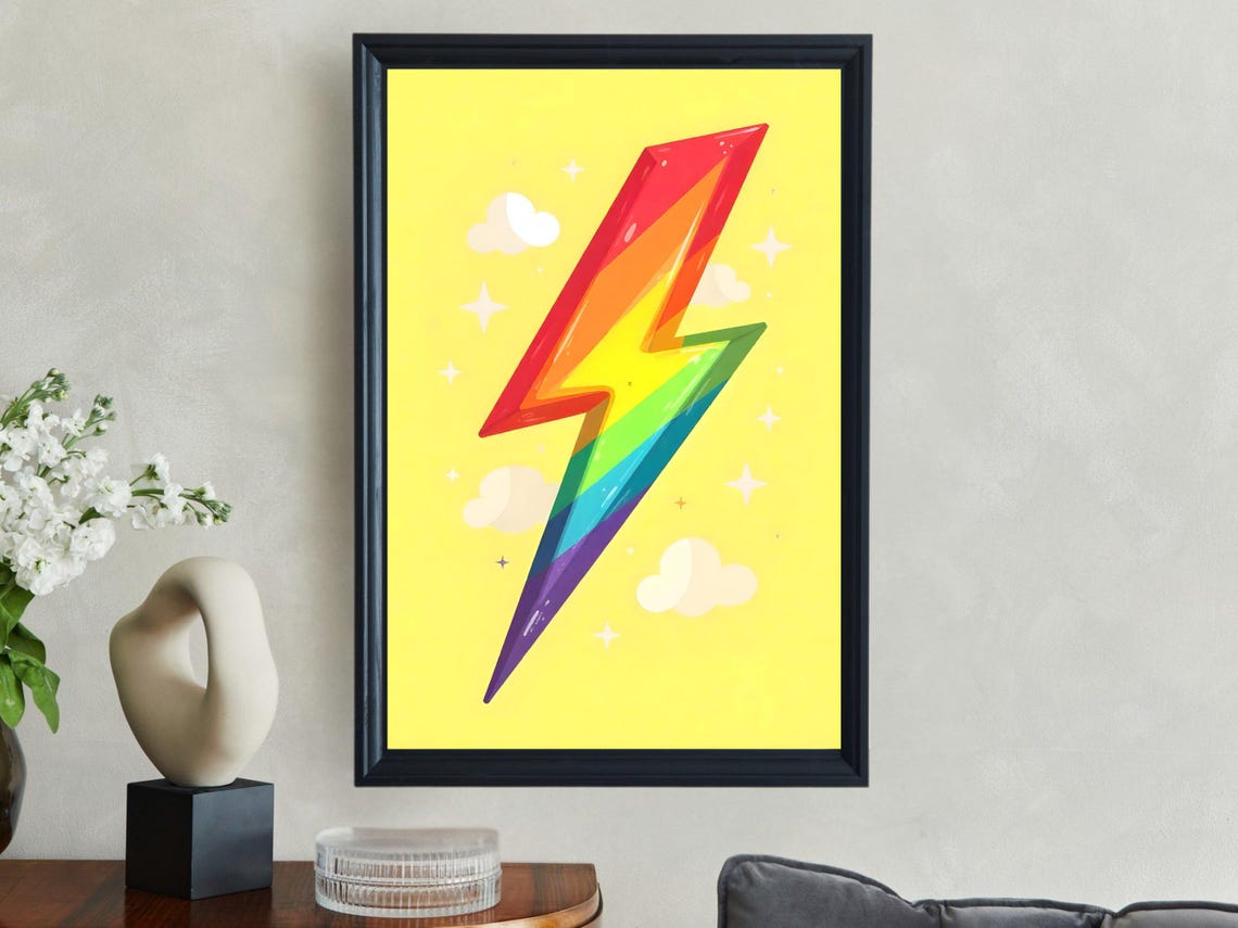 Rainbow Lightning Bolt on Yellow Background Bold Pop Art Print