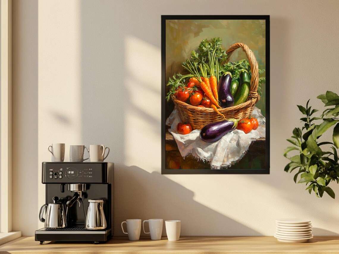 Farmhouse Vegetable Basket Wall Art Rustic Kitchen Decor Fresh Produce Painting Country Farm Print Vegetable Kitchen Art - Image 2