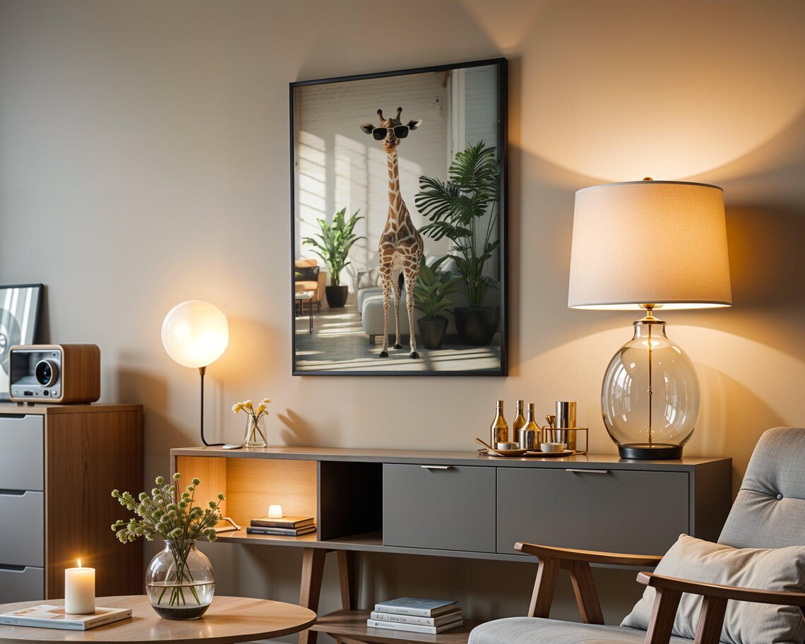 Giraffe Wearing Sunglasses Standing In A Bright Modern Living Room Poster - Image 4