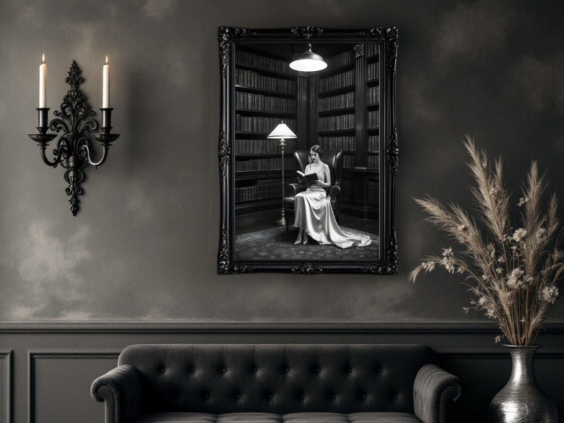 Woman In Satin Gown Reading Alone In A Vast Dark Library Poster - Image 4