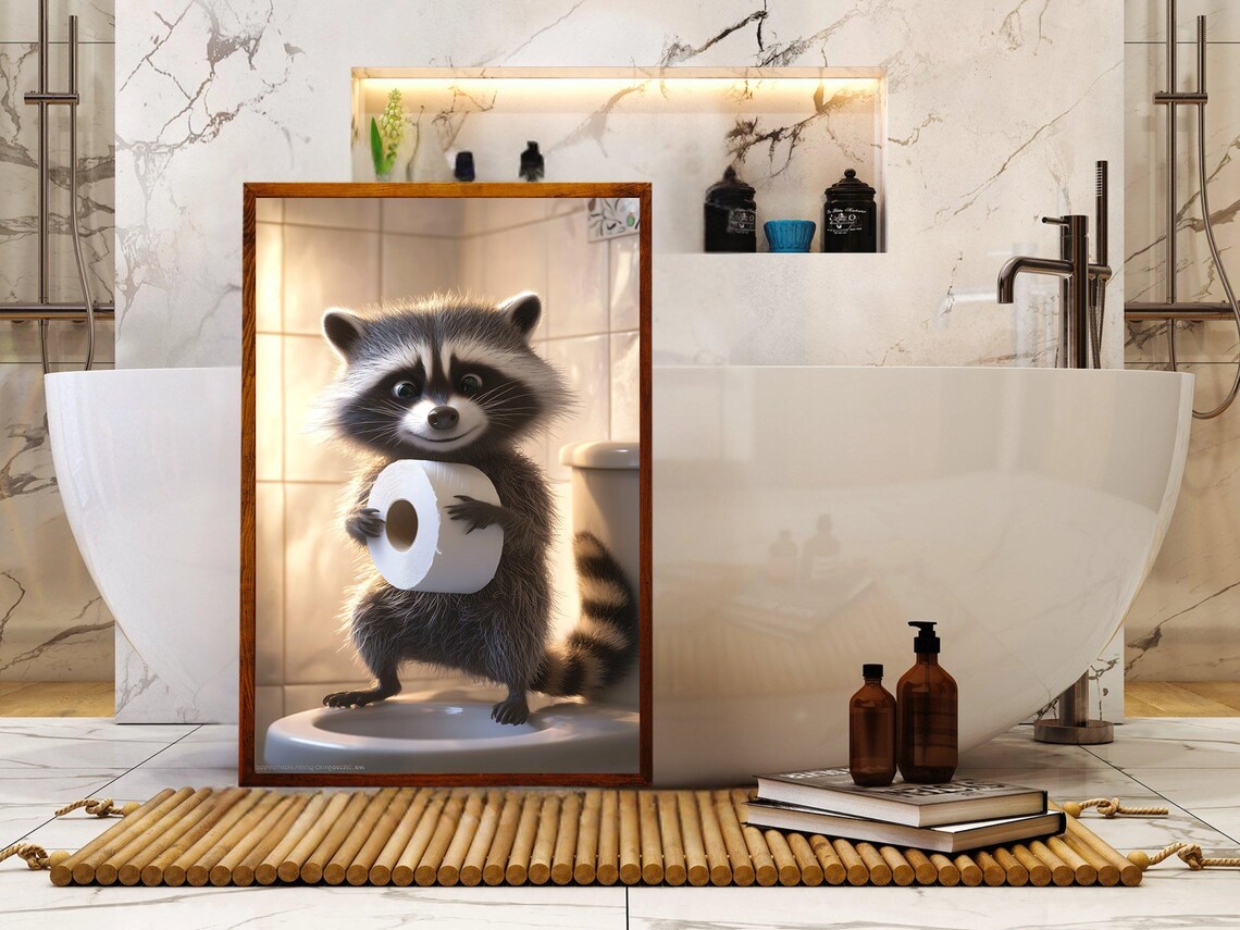 Adorable Baby Raccoon Holding Toilet Paper on the Toilet Poster - Image 5
