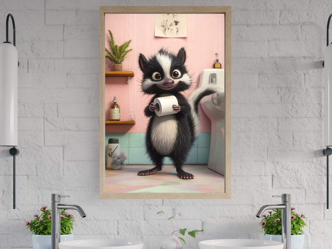 Funny Cartoon Skunk Holding a Roll of Toilet Paper Bathroom Poster