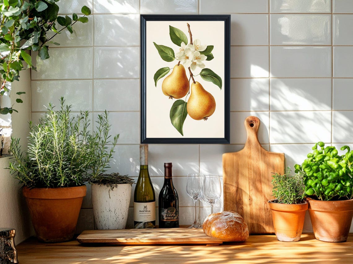Golden Pears on Blossom Branch Vintage Botanical Fruit Poster - Image 2