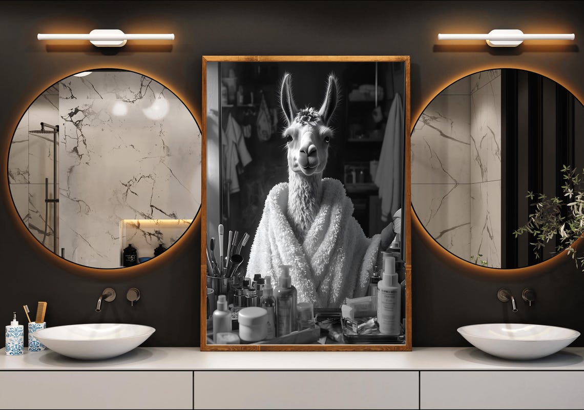 Llama In White Bathrobe Black And White Animal Bathroom Poster - Image 3