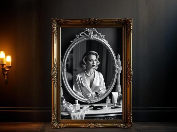 Woman in Silk Robe Reflected in Ornate Oval Vanity Mirror Poster