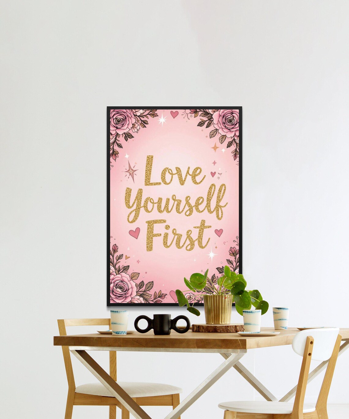 Love Yourself First Pink Gold Floral Glitter Inspirational Self Love Quote Poster - Image 2