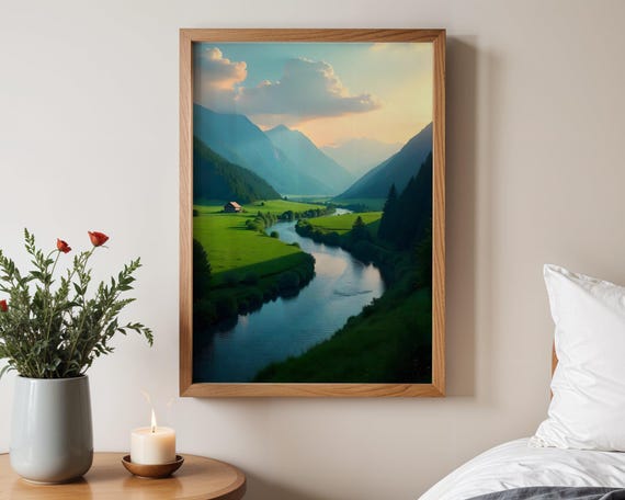 Serene Mountain Landscape River Valley Wall Art Print Nature Scene Home Decor Tranquil Countryside Poster Wilderness Artwork