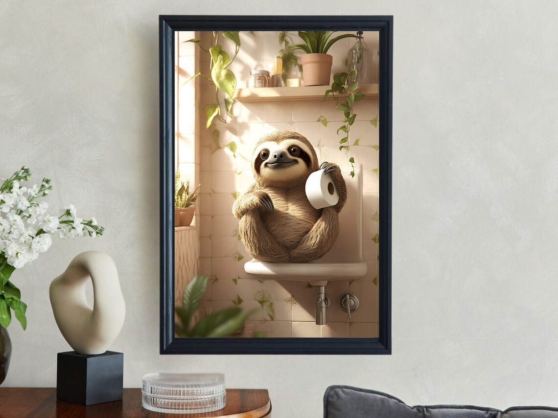 Smiling Sloth Sitting on the Toilet Tank Holding Toilet Paper Poster - Image 2