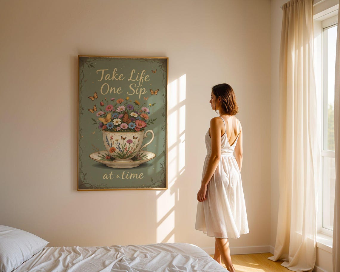 Take Life One Sip At A Time Floral Teacup Butterfly Quote Poster - Image 5