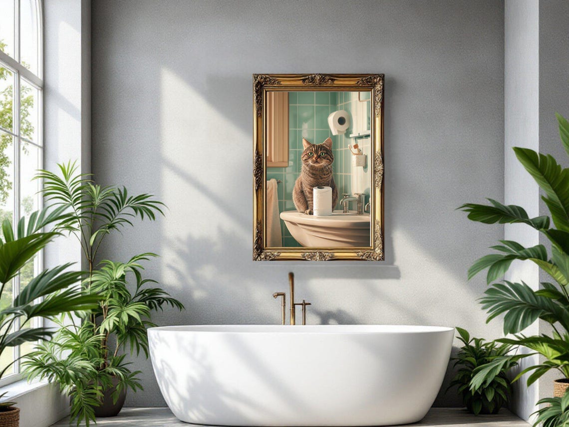 Tabby Cat Sitting by the Sink in a Mint Tiled Bathroom Poster - Image 3