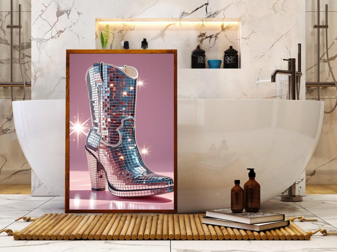 Sparkly Disco Ball Cowgirl Boot Wall Art Glamorous Western Decor Shiny Mirror Tile Boot Print Glittery Country Decor Poster - Image 2