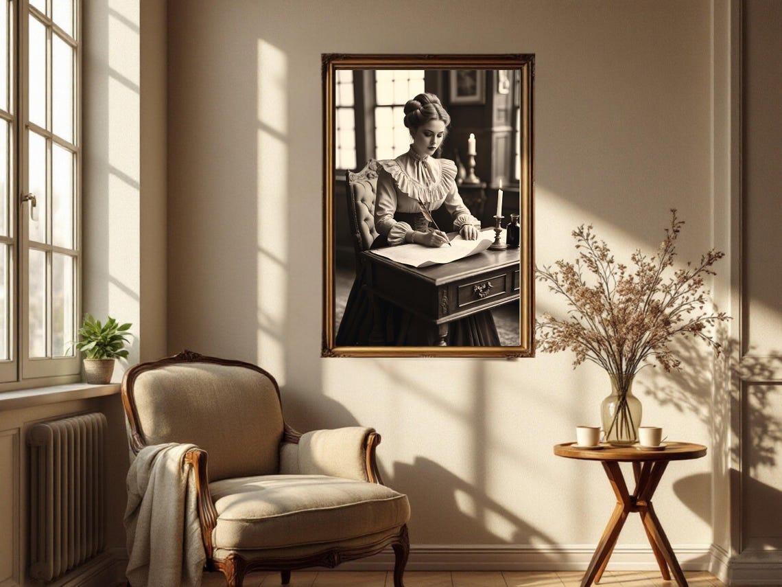 Victorian Woman Writing with Quill at Candlelit Desk, B&W Poster - Image 2